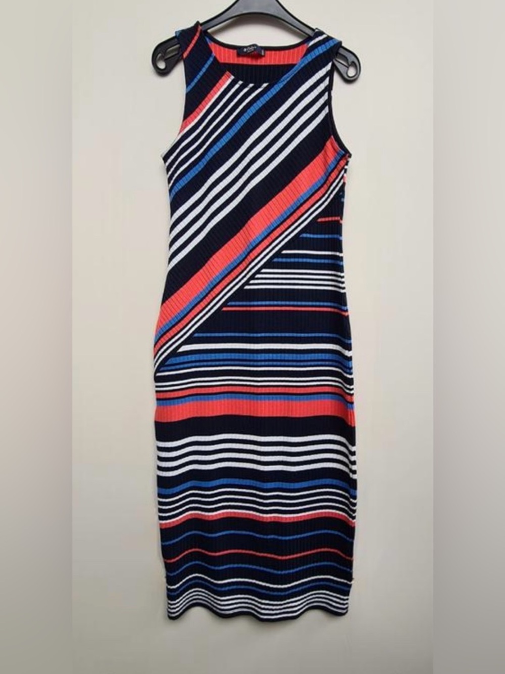 Sleeveless Striped Knit Midi Dress in Navy, Coral & White made in Türkiye